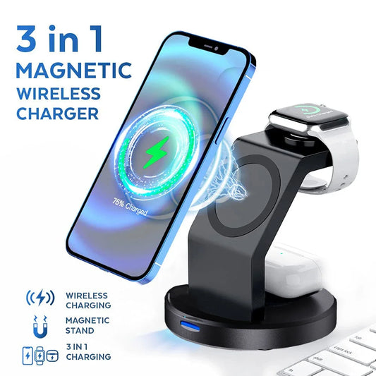 YurTech 3 In 1 Magnetic Wireless Charger Stand For iPhone, Apple Watch, AirPods Station Dock MagSafe Fast Charging Station