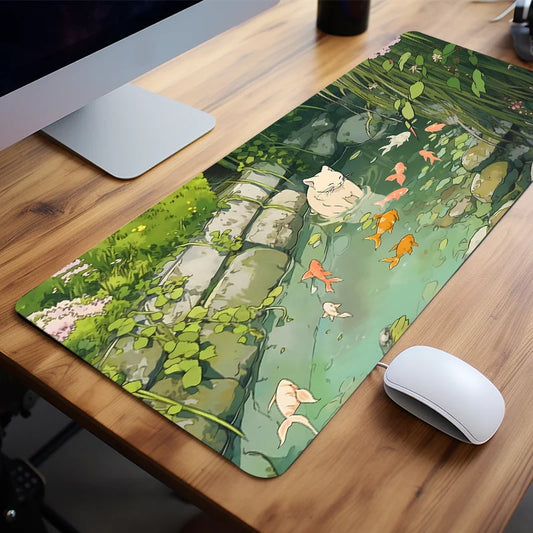 YurTech Cartoon Cat Fish Large Green Mouse Pad