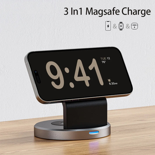YurTech 3 In 1 Magnetic Wireless Charger Stand For iPhone, Apple Watch, AirPods Station Dock MagSafe Fast Charging Station